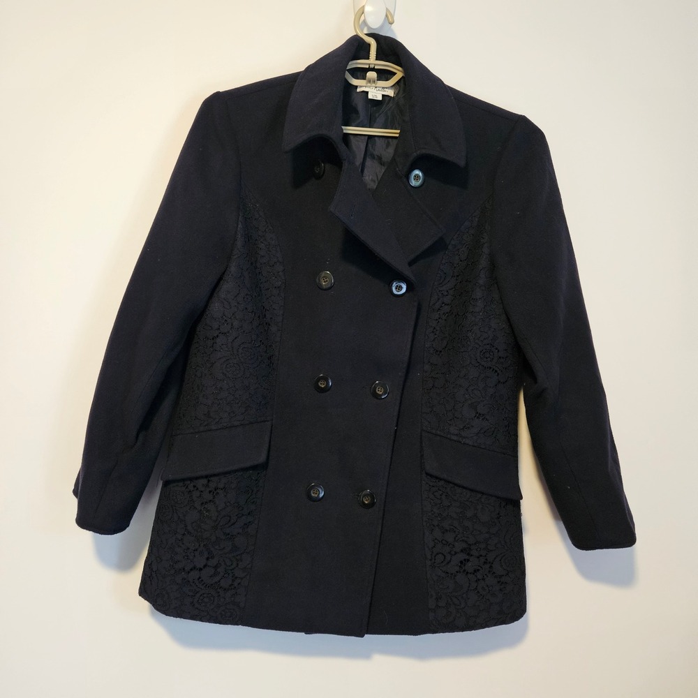 Simply Noelle Double Breasted Pea Coat Jacket Size L/XL Blue Lace Neutral Dress